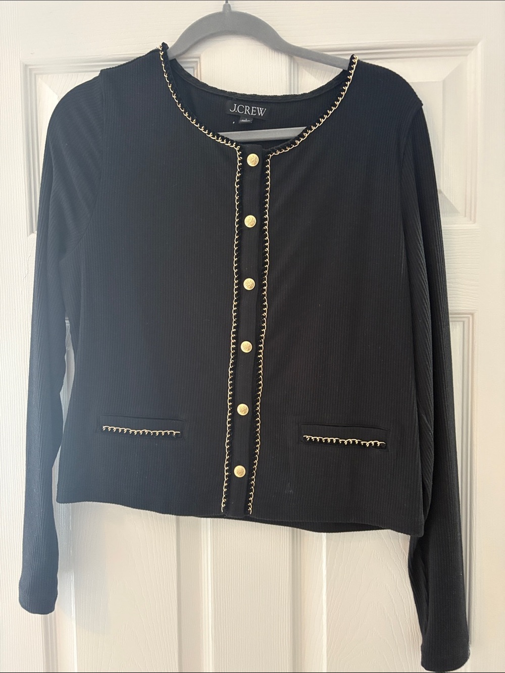 J. Crew Black Cardigan with Gold Chain Trim